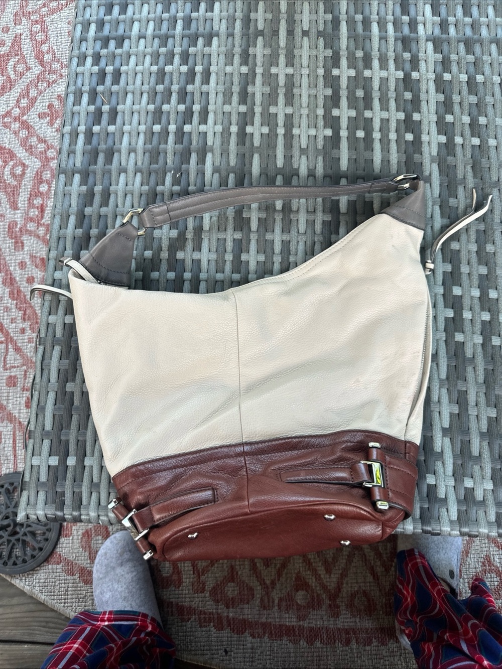 B Makowski Soft Leather Hobo Shoulder Bag Purse Beige Brown & Grey
